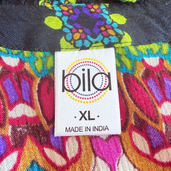 Bila Women XL Maxi Dress Multicolor Boho Paisley Smocked Waist Sharkbite Hem - Picture 5 of 10